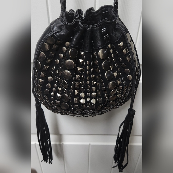 FOREVER 22 Black Vegan Leather Stud Drawstring Crossbody Bag - Picture 2 of 13